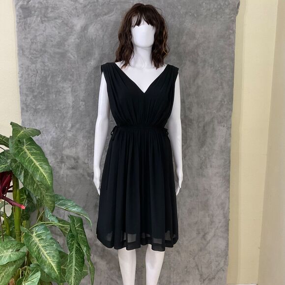 Anthropologie Draped LBD midi Dress women’s 4 Black Crepe V Neck /back cinch tie - Picture 1 of 15